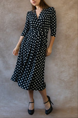 Evelyn Polka Dot Wrap Midi Dress 3/4 Sleeve V-Neck Pockets Elegant
