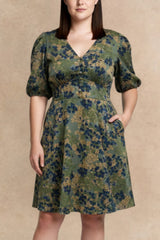 Fleur Green Floral Fit and Flare Dress Flowy Sleeves