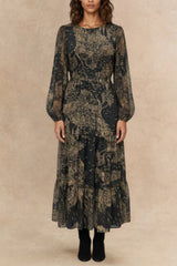 Francesca Women's Smocked Black Midi Dress Bronze Forest Print