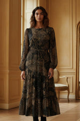 Francesca Women's Smocked Black Midi Dress Bronze Forest Print