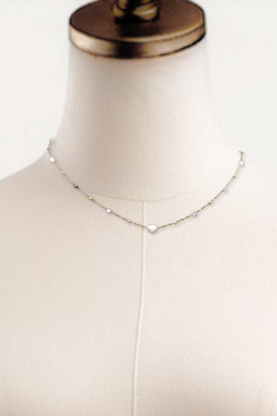 Fresh Water Pearl Cube Ball Necklace Gold