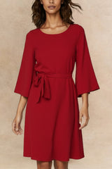 Jennifer Women's Flared Sleeve Belted Dress Solid Color