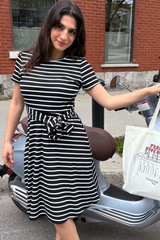 Jodie Striped Short Knit Dress Waist Tie Stretch