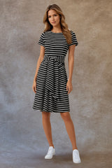 Jodie Striped Short Knit Dress Waist Tie Stretch