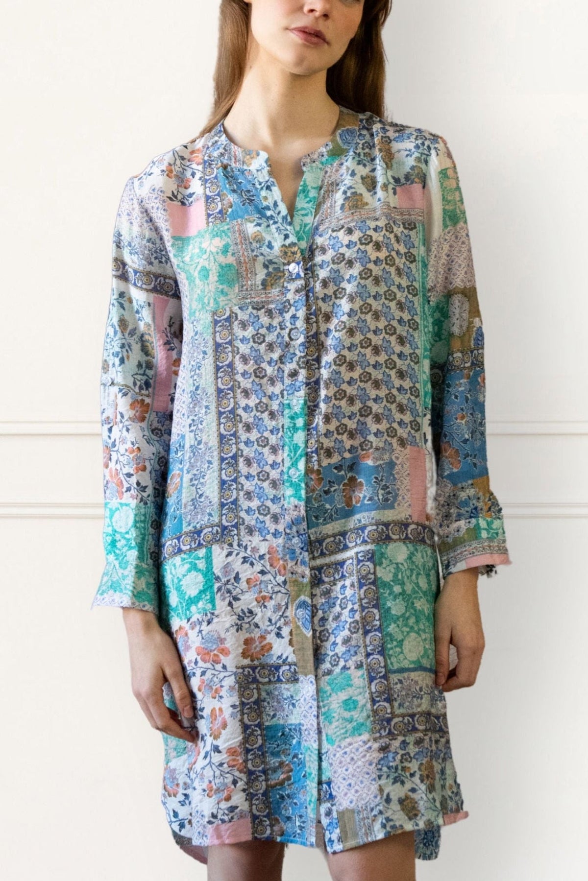 Lara Patchwork Print Boho Tunic Shirt Dress Long Sleeves