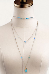 Layered Beaded Necklace with Turquoise Drop Pendant – 3-Strand Gold Necklace