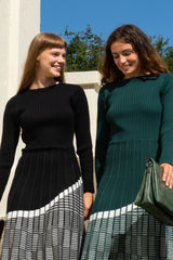 Leslie Elegant Knit Midi Dress Long Sleeve Round Neck Pleated Skirt