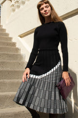 Leslie Elegant Knit Midi Dress Long Sleeve Round Neck Pleated Skirt