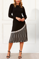 Leslie Elegant Knit Midi Dress Long Sleeve Round Neck Pleated Skirt