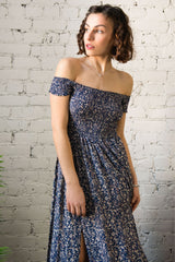 Lilou On-Off Shoulder Ditsy Floral Midi-Maxi Dress Front Slits