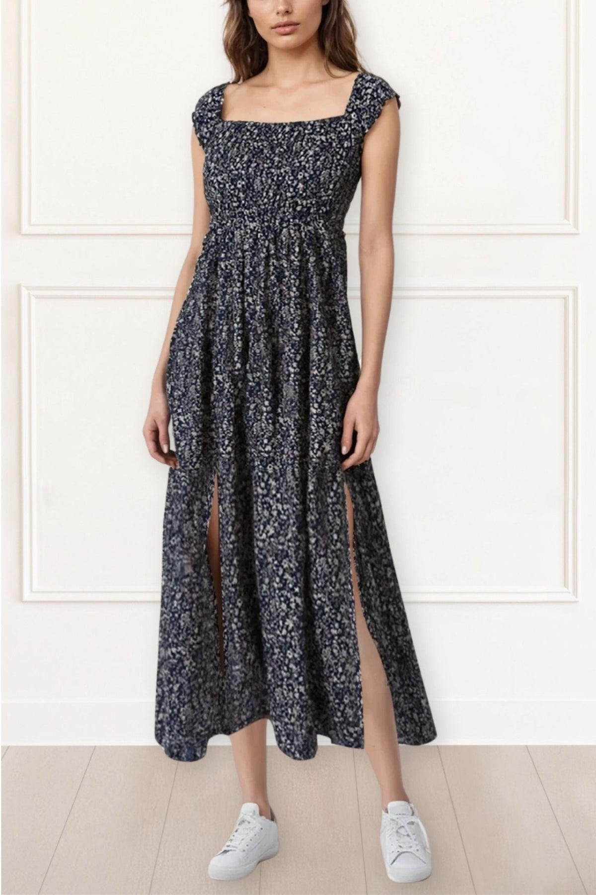 Lilou On-Off Shoulder Ditsy Floral Midi-Maxi Dress Front Slits