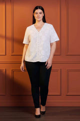 Lucie Embroidered V-Neck Blouse Lace Trim Flutter Sleeves Women