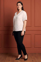 Lucie Embroidered V-Neck Blouse Lace Trim Flutter Sleeves Women