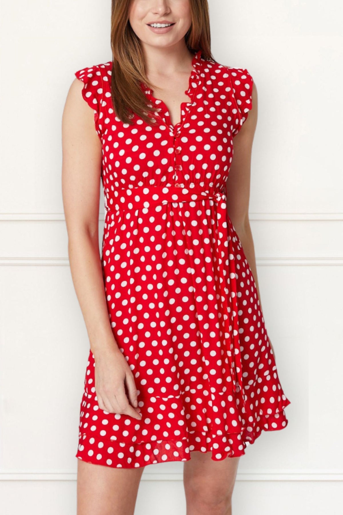 Natasha Polka Dot Short Dress with Belt, Pockets, and Ruffle Trim