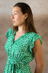 Natasha Printed Short Dress with Belt, Pockets, and Ruffle Trim