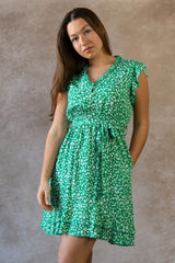 Natasha Printed Short Dress with Belt, Pockets, and Ruffle Trim