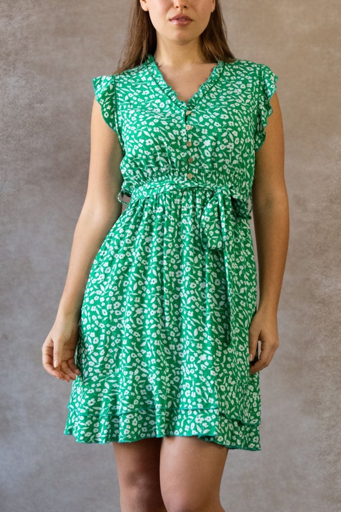 Natasha Printed Short Dress with Belt, Pockets, and Ruffle Trim