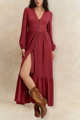 Rose V-Neck Balloon Sleeve Ruffled Hem Maxi Dress