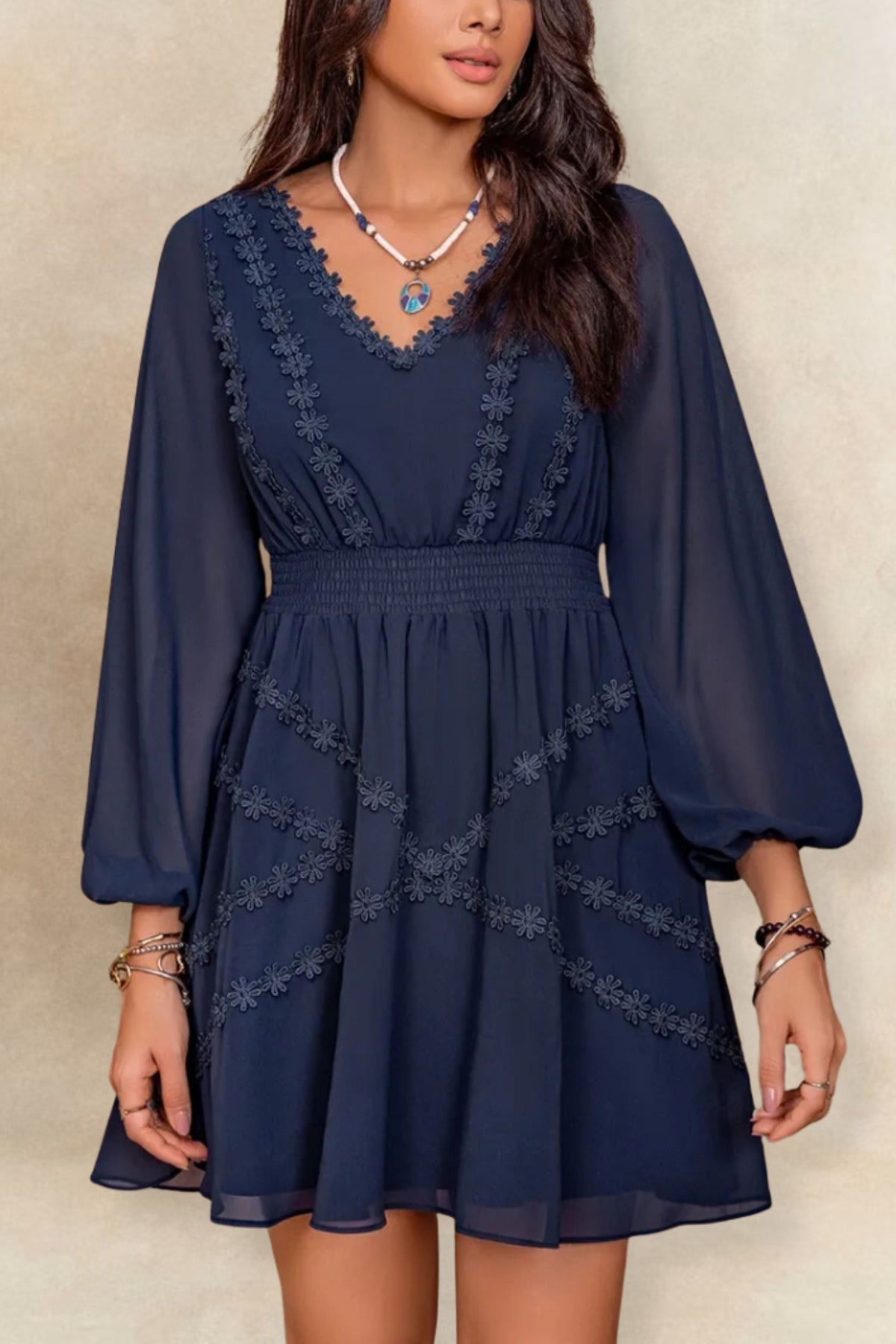 Valeria Lace Detail V-Neck Balloon Sleeve Mini Dress