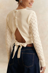 Olivia Cutout Bow Back Texture Round Neck Sweater