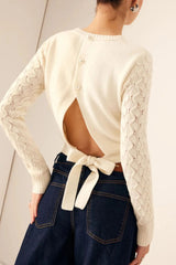 Olivia Cutout Bow Back Texture Round Neck Sweater