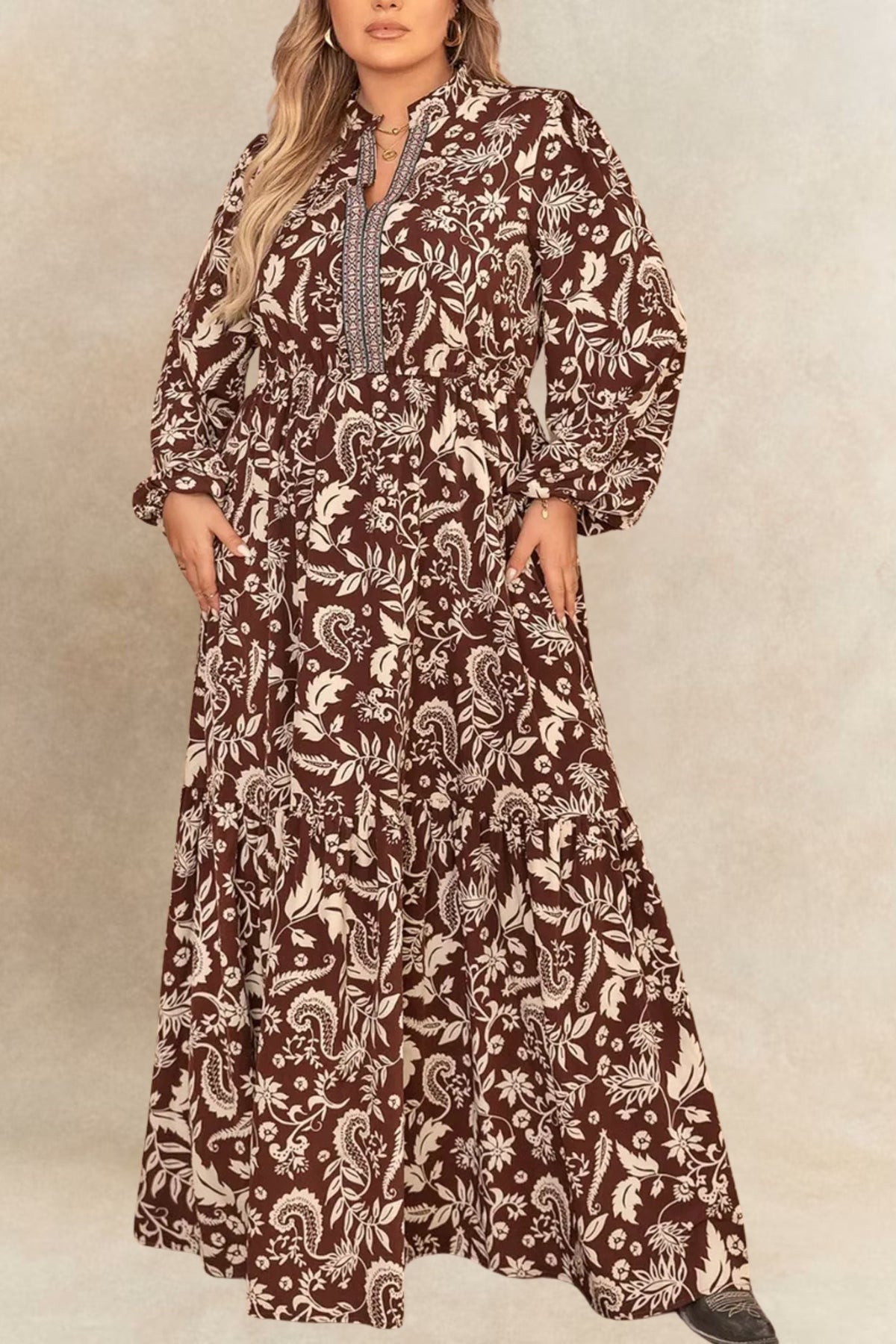 Bertha plus size Boho Floral Maxi Dress Long Sleeves V-Neck Tiered