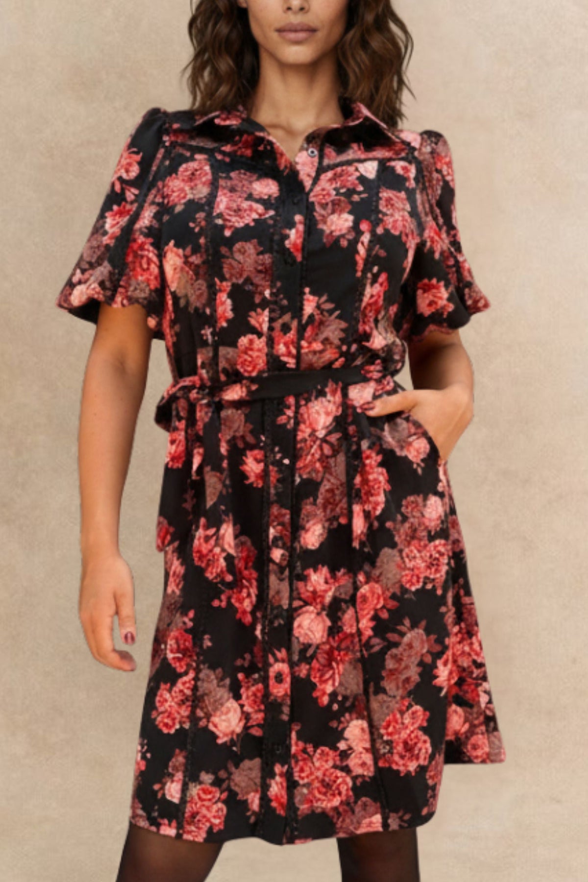 Ruby Black Floral Print Shirt Dress Belted Short Sleeves Button Front