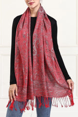 Pashmina Scarf Paisley Fringed Red
