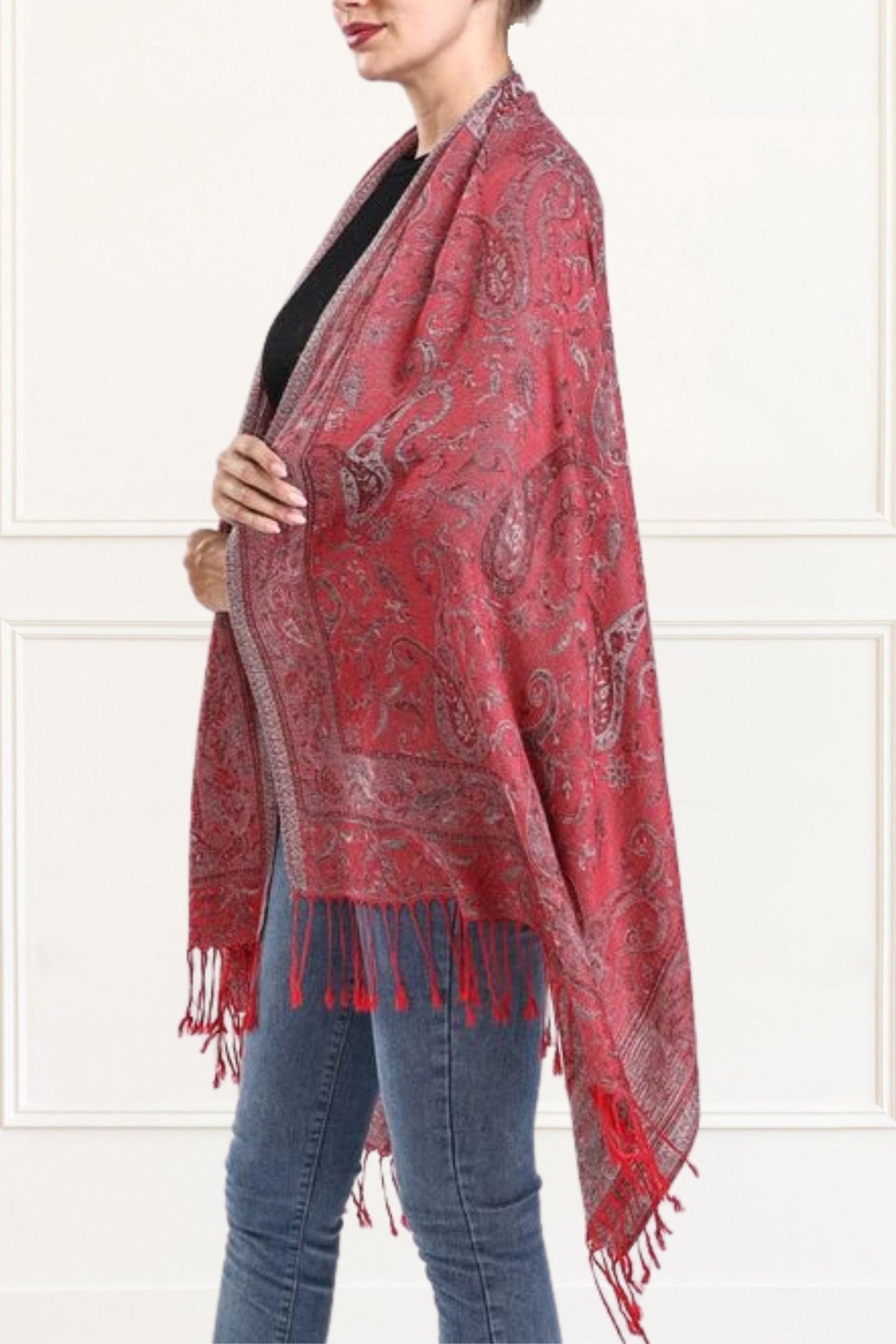 Pashmina Scarf Paisley Fringed Red