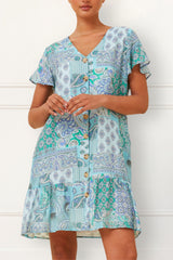 Sabine Boho Paisley Mini Dress - V-Neck, Button Down, Short Sleeve