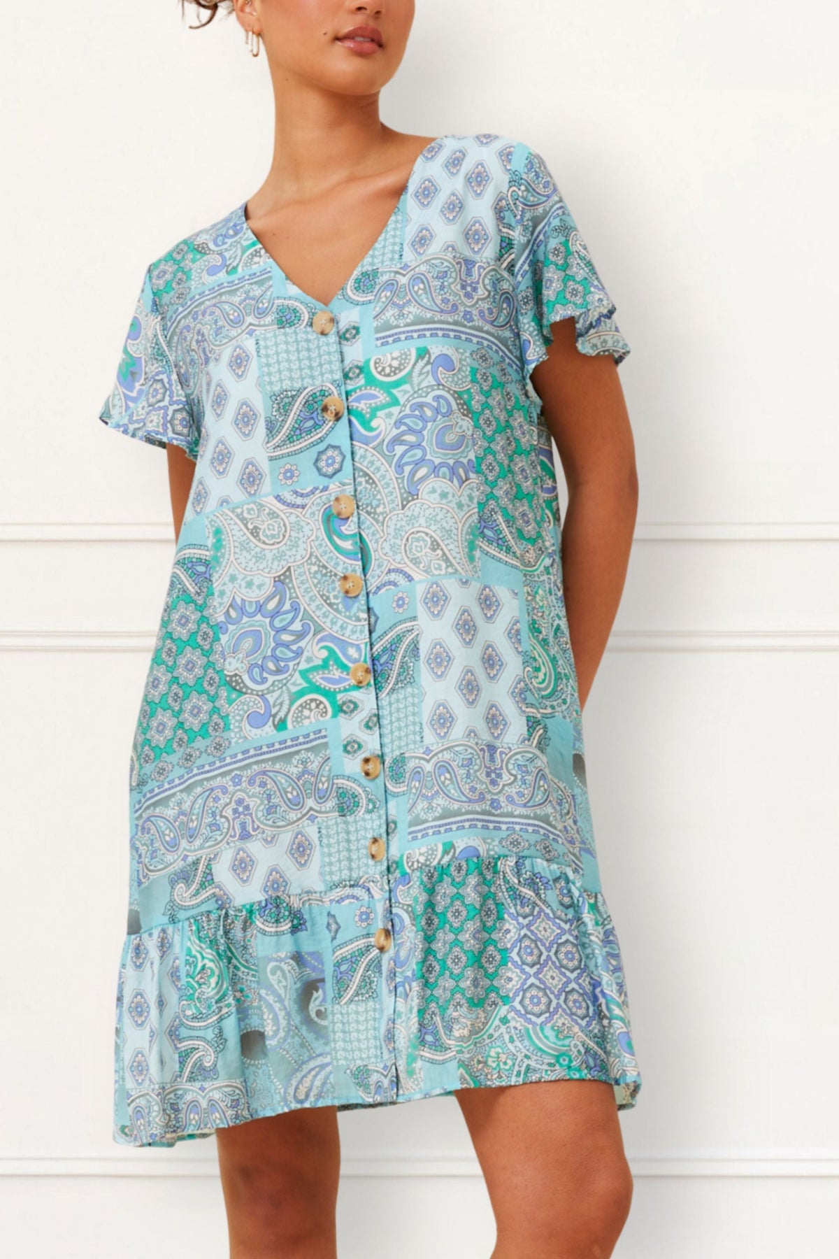 Sabine Boho Paisley Mini Dress - V-Neck, Button Down, Short Sleeve