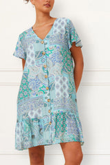 Sabine Boho Paisley Mini Dress - V-Neck, Button Down, Short Sleeve