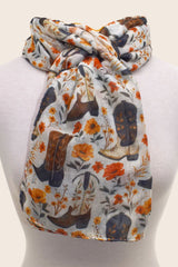 Western Boots Floral Print Scarf Beige