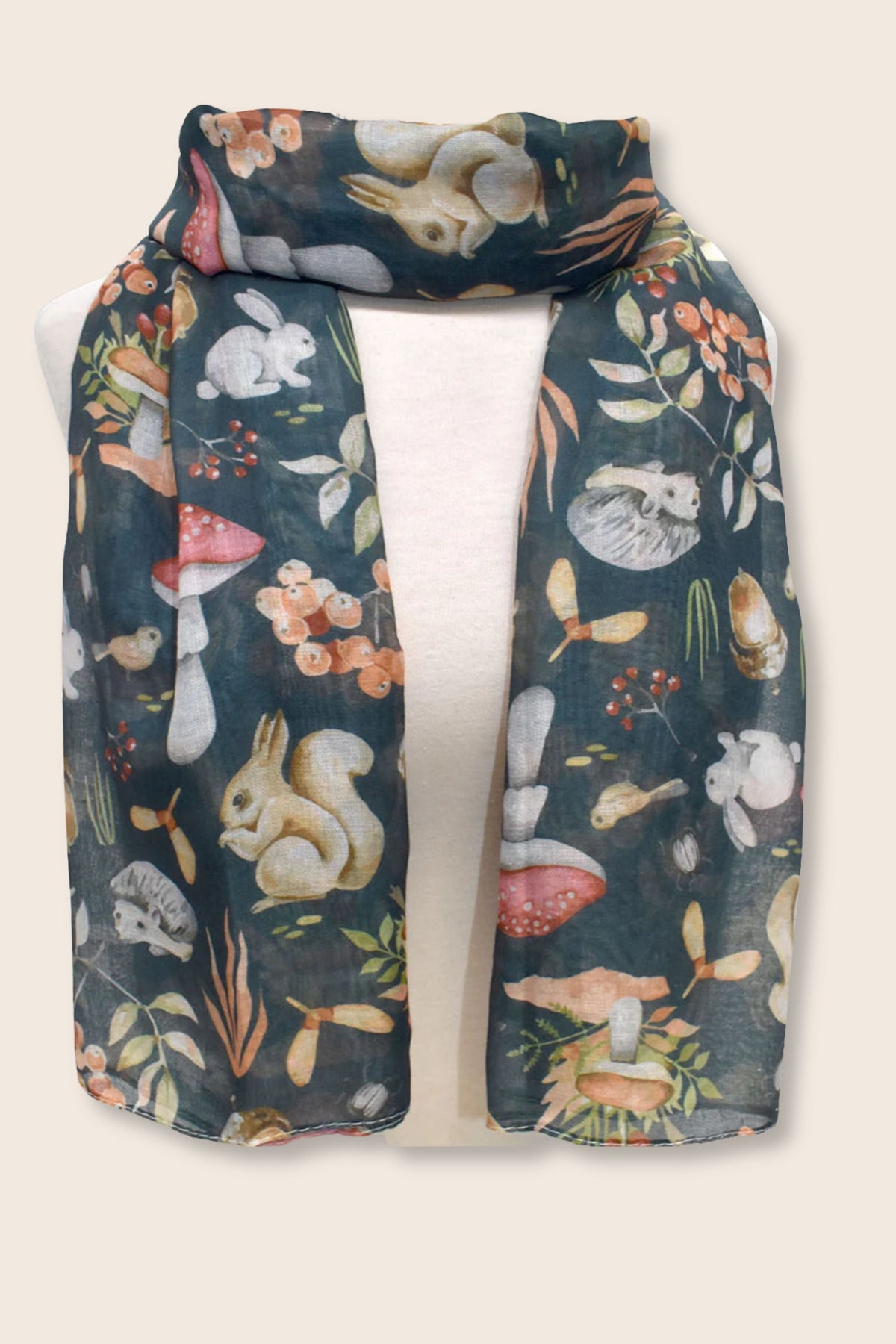 Woodland Animals Scarf Forest Green with Rabbits & Squirrels