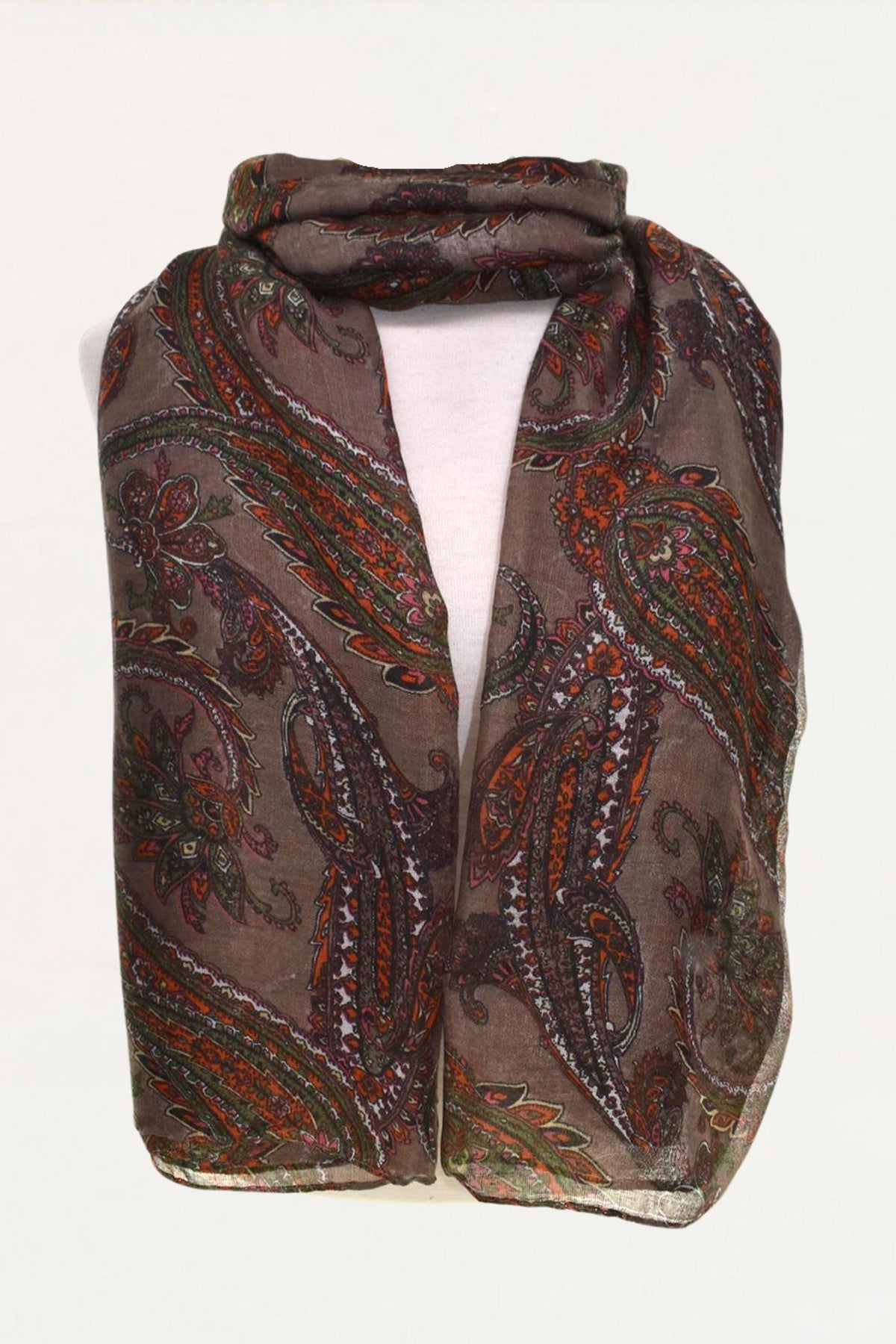 Scarf Light Paisley Leaves Print Brown