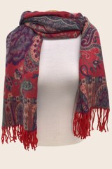 Scarf Paisley Floral Motif Red Fringed