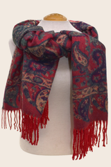 Scarf Paisley Plants Motif Black Fringed