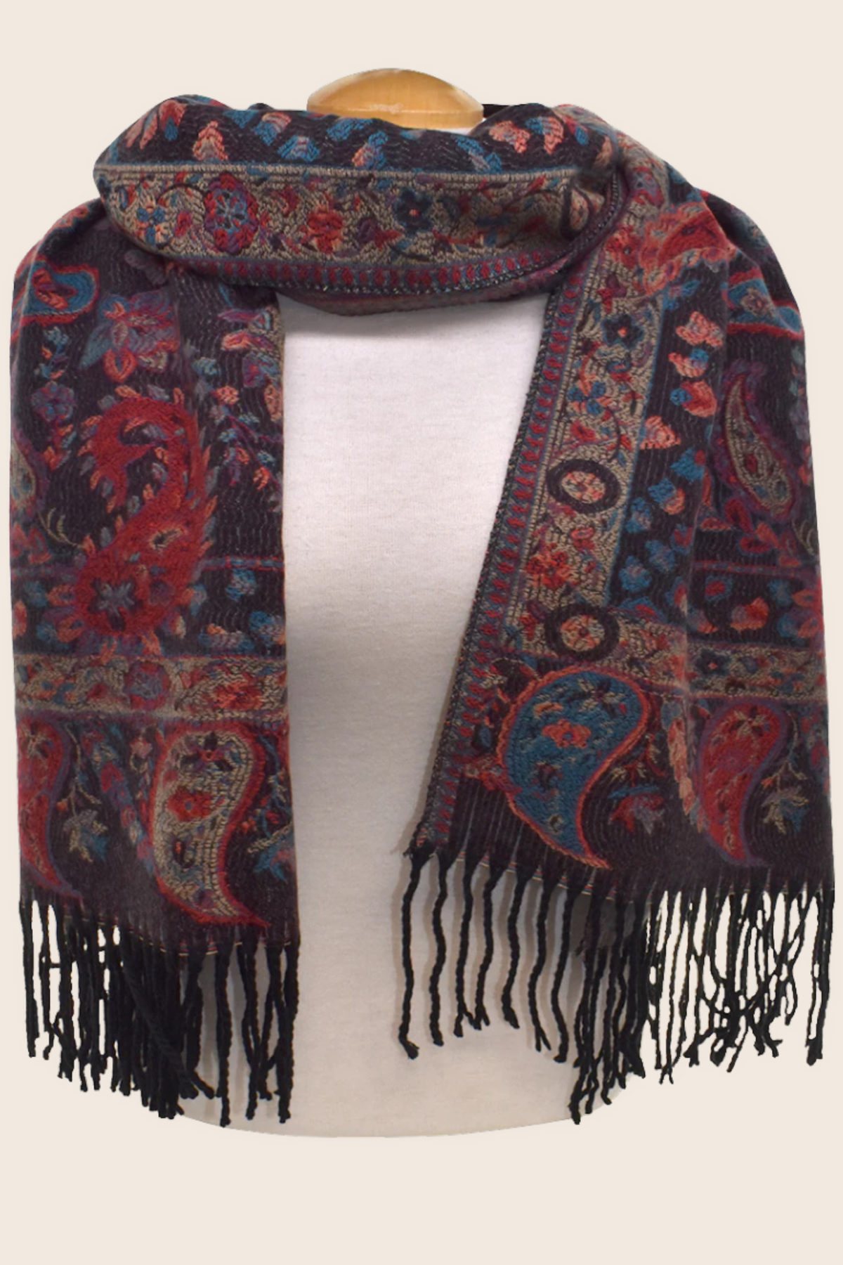 Scarf Paisley Plants Motif Black Fringed