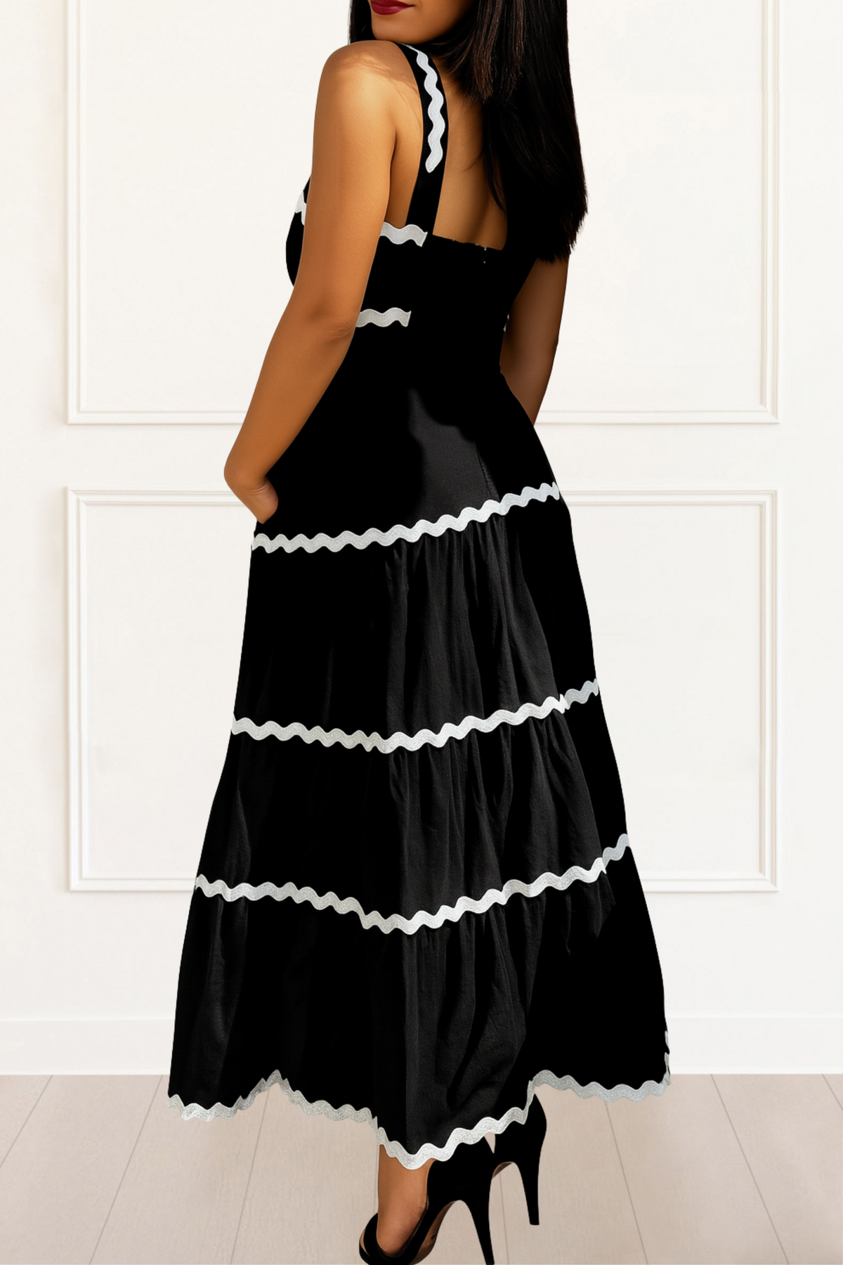 Sienna Black Maxi Dress White Ric-Rac Trim Adjustable Straps
