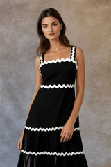 Sienna Black Maxi Dress White Ric-Rac Trim Adjustable Straps