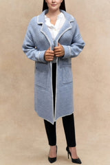 Solana Knit Jacket Collar Long Open-Front Contrast Stitching Pockets