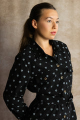 Stephanie Heart Print Tunic Shirt Long Sleeve Button Down Belted