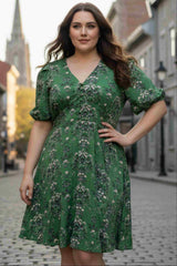 Talia Green Floral Fit and Flare Dress Flowy Sleeves