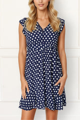 Natasha Polka Dot Short Dress with Belt, Pockets, and Ruffle Trim