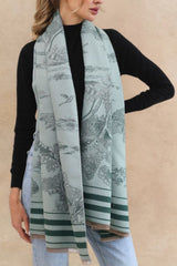 Scenic Print Scarf with Striped Border